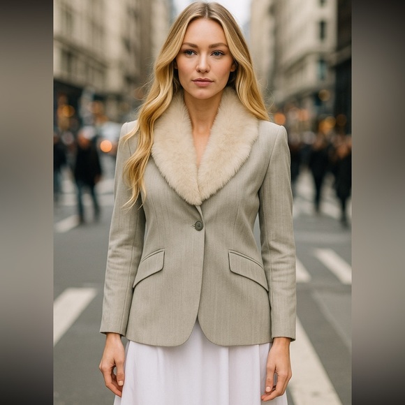 Theory Gray Wool Blazer Faux Fur Shawl Collar Winter Coat Elegant Small - Picture 1 of 5